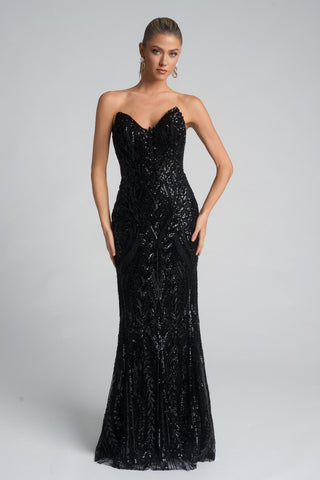 XO134-BLACK strapless sequin gown