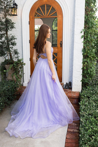 Lilac formal dress by doorway