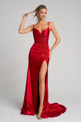 XO168-RED-06 Red Formal Gown with Slit