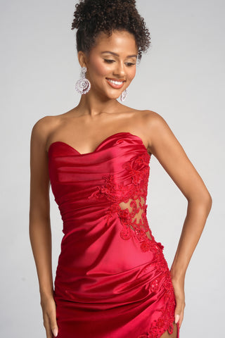 Red strapless gown with lace detail
