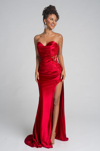 XO221-RED-04 Red Strapless Evening Gown with Thigh Slit