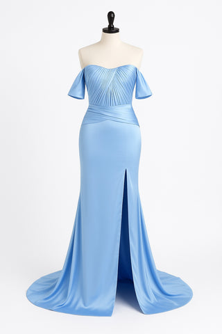 Blue off-shoulder gown with thigh slit