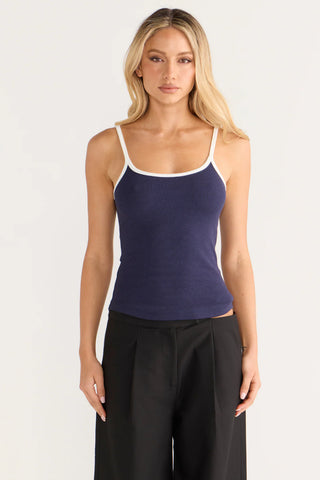 Navy tank top with white trim