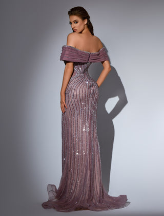 Elegant lavender gown with off-shoulder neckline