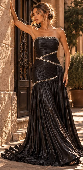 Elvée EV2702 strapless beaded drop-waist gown in Black