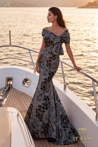 Terani Couture 271M8444 Gold Off-Shoulder Jacquard Mermaid Gown with Statement Bow