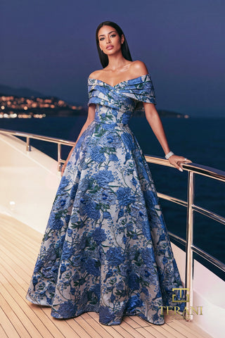 Terani Couture 271M8186 Blue Off-Shoulder Jacquard Ball Gown with Pleated Bodice
