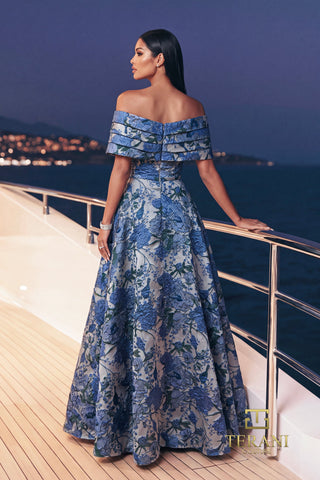 Terani Couture 271M8186 Blue Off-Shoulder Jacquard Ball Gown with Pleated Bodice