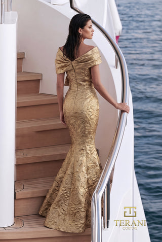 Terani Couture 271M8444 Gold Off-Shoulder Jacquard Mermaid Gown with Statement Bow