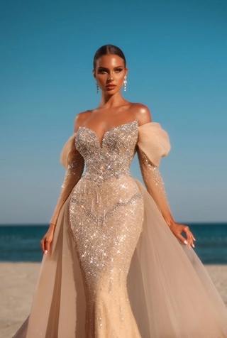 Woman in a sparkly, off-the-shoulder gown on a beach.
