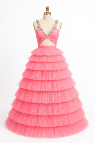 Pink tulle tiered formal gown