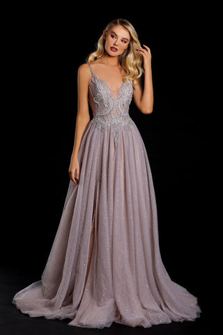Elegant stone-colored gown with embellishments