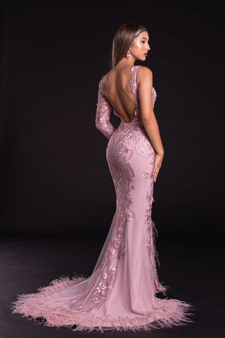 Pink one-shoulder formal gown with feathers
