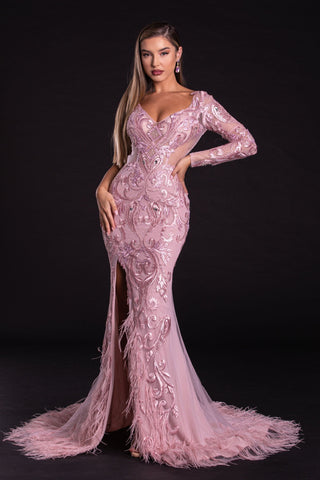 Pink embellished long-sleeve gown with feathers