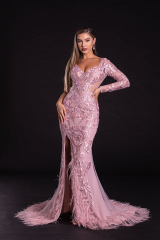Pink formal gown with feather trim