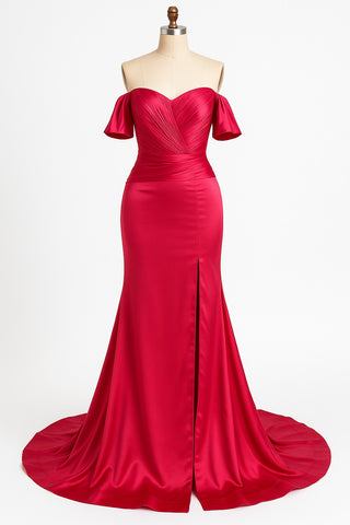 Red off-the-shoulder formal gown with slit