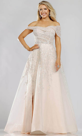 Off-shoulder embroidered champagne mother of the bride gown
