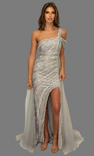 Silver sequin one-sleeve prom dress by Terani Couture