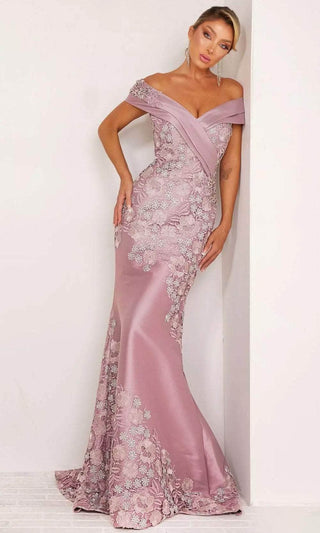 Terani Couture 241M2701 Rose Silver Floral Embroidered Off-Shoulder Trumpet Gown