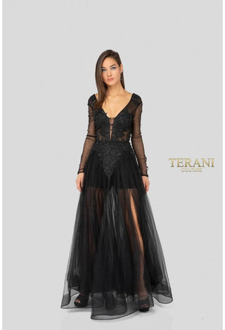 Terani Couture black long prom dress