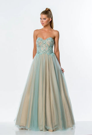 Strapless prom dress in blue and beige, style 151P0088B.