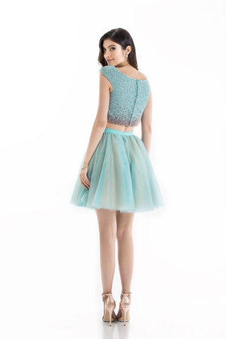 Blue two-piece dress on woman