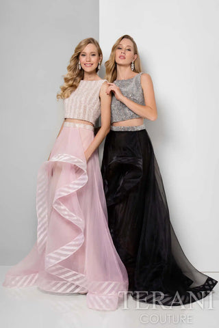 Two-piece formal gowns, pink & black