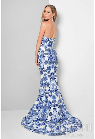 1712P2536G-1 Blue and White Printed Strapless Gown