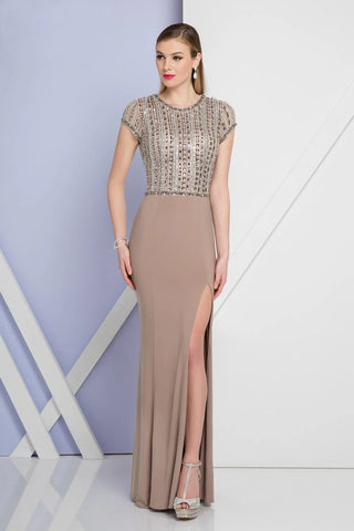 Elegant taupe gown with beaded bodice, style 1721E4161