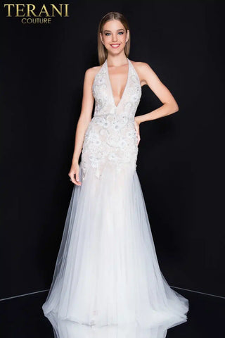 Terani Couture 1811P5238X white halter gown