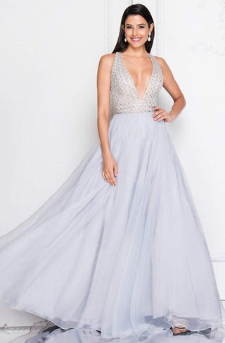 Silver formal gown with plunging neckline.