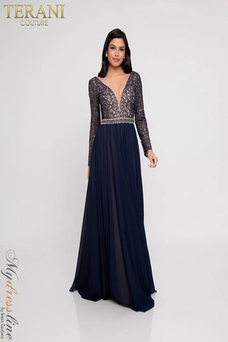Navy long-sleeve evening gown by Terani Couture
