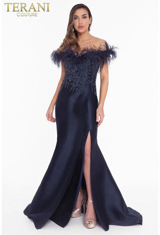 Navy feather gown with front slit