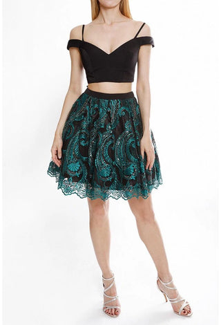 1825H7934 - Black crop top and green paisley skirt dress