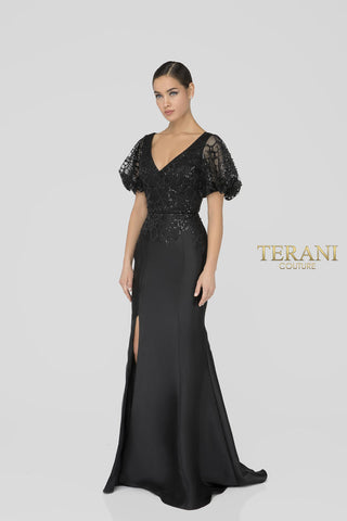 Black evening gown with sleeves, front view