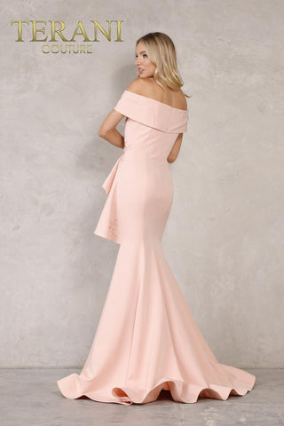 Terani Couture 1911M9339 Blush Off-Shoulder Side Drape Peplum Mermaid Gown