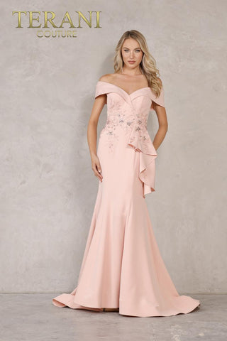 Terani Couture 1911M9339 Blush Off-Shoulder Side Drape Peplum Mermaid Gown