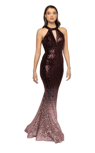 Sequin halter gown with keyhole neckline
