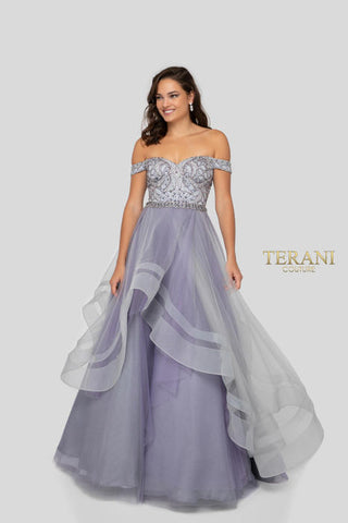 Off-shoulder formal gown in lavender