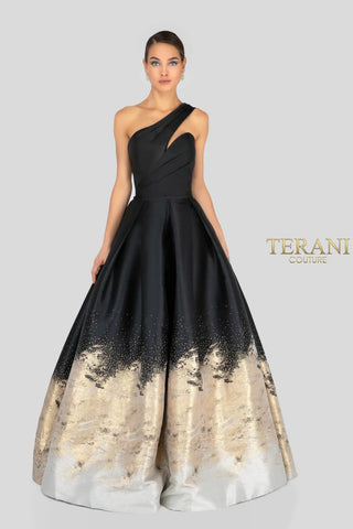 Terani Couture black and gold one-shoulder gown