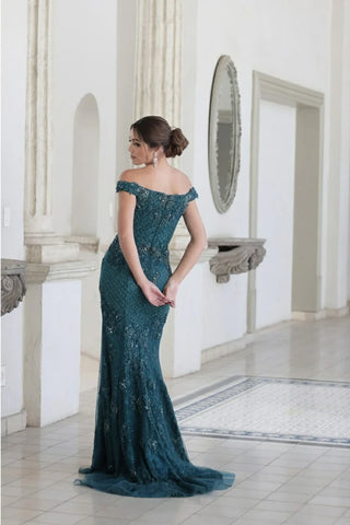 Woman in Teal Off-the-Shoulder Gown