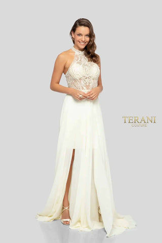 Ivory front slit Terani gown, style 1913P8298.