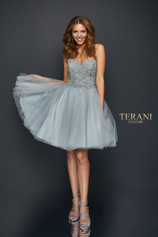 Terani Couture 1921H0320 front view, beaded bodice, short prom dress