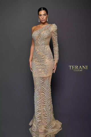 Terani Couture 1922GL0659 front, one-shoulder beaded evening gown