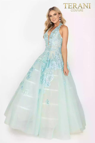 Terani Couture 2011P1174 front view of light blue formal gown