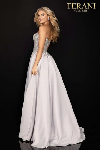 Terani Couture silver and ivory formal gown