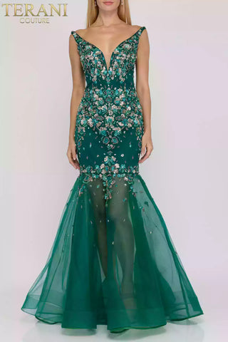 Emerald green formal gown, front view