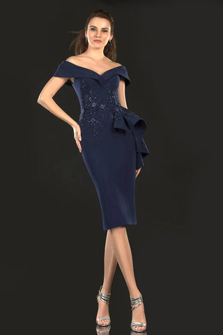 Navy blue off-the-shoulder dress with embellished bodice
