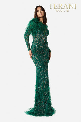 Terani Couture 2021GL3139 Emerald Green Gown - Front View