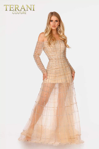 Champagne-silver Terani Couture gown 2021GL3159 - front view